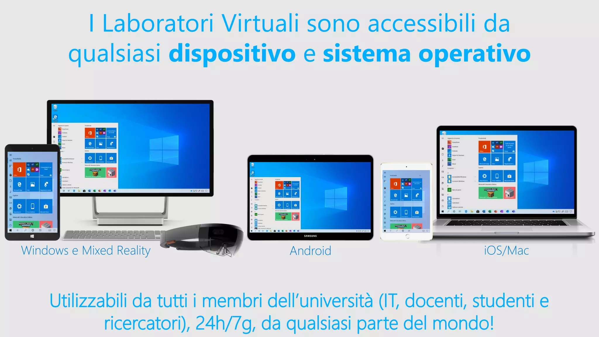 Windows e Mixed Reality Android iOS/Mac
I Laboratori Virtuali sono accessibili da
qualsiasi dispositivo e sistema operativo
Utilizzabili da tutti i membri dell’università (IT, docenti, studenti e
ricercatori), 24h/7g, da qualsiasi parte del mondo!
 