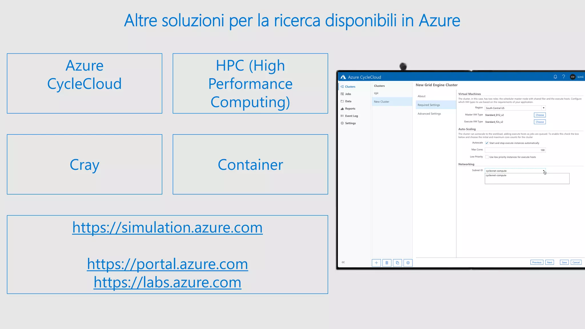 Altre soluzioni per la ricerca disponibili in Azure
Azure
CycleCloud
HPC (High
Performance
Computing)
Cray Container
https://simulation.azure.com
https://portal.azure.com
https://labs.azure.com
 