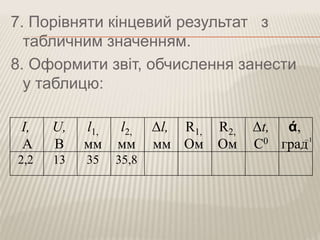 7. Порівняти кінцевий результат з
табличним значенням.
8. Оформити звіт, обчислення занести
у таблицю:
I,
А
U,
В
l1,
мм
l2,
мм
Δl,
мм
R1,
Ом
R2,
Ом
Δt,
С0
ά,
град
2,2 13 35 35,8
1
 