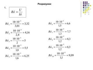 Розрахунки:
5
2
1010 3
3 =
⋅
=
−
Rô
32,3
01,3
1010 3
1 =
⋅
=
−
Rô
5,5
8,1
1010 3
4 =
⋅
=
−
Rô
Iô
U
Rô =
16,4
4,2
1010 3
2 =
⋅
=
−
Rô
25,6
6,1
1010 3
5 =
⋅
=
−
Rô
6,6
5,1
1010 3
6 =
⋅
=
−
Rô
7,7
3,1
1010 3
7 =
⋅
=
−
Rô
3,8
2,1
1010 3
8 =
⋅
=
−
Rô
3,8
2,1
1010 3
9 =
⋅
=
−
Rô
09,9
1,1
1010 3
10 =
⋅
=
−
Rô
1.
 