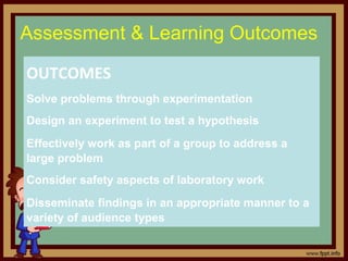 OUTCOMES
Solve problems through experimentation
Design an experiment to test a hypothesis
Effectively work as part of a group to address a
large problem
Consider safety aspects of laboratory work
Disseminate findings in an appropriate manner to a
variety of audience types
Assessment & Learning Outcomes
 
