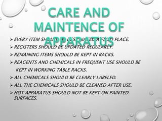 EVERY ITEM SHOULD BE DESIGNATED A FIXED PLACE.
REGISTERS SHOULD BE UPDATED REGULARLY.
REMAINING ITEMS SHOULD BE KEPT IN RACKS.
REAGENTS AND CHEMICALS IN FREQUENT USE SHOULD BE
KEPT IN WORKING TABLE RACKS.
ALL CHEMICALS SHOULD BE CLEARLY LABELED.
ALL THE CHEMICALS SHOULD BE CLEANED AFTER USE.
HOT APPARATUS SHOULD NOT BE KEPT ON PAINTED
SURFACES.
 