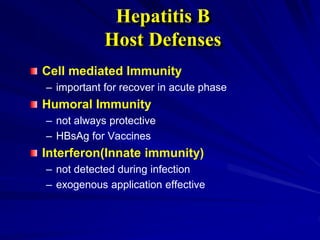 Cell mediated Immunity
– important for recover in acute phase
Humoral Immunity
– not always protective
– HBsAg for Vaccines
Interferon(Innate immunity)
– not detected during infection
– exogenous application effective
Hepatitis B
Host Defenses
 