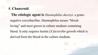 4. Chancroid
The etiologic agent is Haemophilus ducreyi, a gram-
negative coccobacillus. Haemophilus means “blood-
loving” and must grown in culture medium containing
blood. It only requires hemin (X factor)for growth which is
derived form the blood in the culture medium.
 