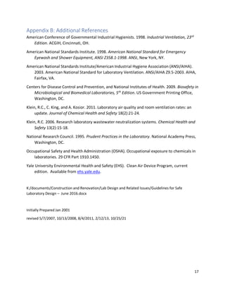 17
Appendix B: Additional References
American Conference of Governmental Industrial Hygienists. 1998. Industrial Ventilation, 23rd
Edition. ACGIH, Cincinnati, OH.
American National Standards Institute. 1998. American National Standard for Emergency
Eyewash and Shower Equipment, ANSI Z358.1-1998. ANSI, New York, NY.
American National Standards Institute/American Industrial Hygiene Association (ANSI/AIHA).
2003. American National Standard for Laboratory Ventilation. ANSI/AIHA Z9.5-2003. AIHA,
Fairfax, VA.
Centers for Disease Control and Prevention, and National Institutes of Health. 2009. Biosafety in
Microbiological and Biomedical Laboratories, 5th
Edition. US Government Printing Office,
Washington, DC.
Klein, R.C., C. King, and A. Kosior. 2011. Laboratory air quality and room ventilation rates: an
update. Journal of Chemical Health and Safety 18(2):21-24.
Klein, R.C. 2006. Research laboratory wastewater neutralization systems. Chemical Health and
Safety 13(2):15-18.
National Research Council. 1995. Prudent Practices in the Laboratory. National Academy Press,
Washington, DC.
Occupational Safety and Health Administration (OSHA). Occupational exposure to chemicals in
laboratories. 29 CFR Part 1910.1450.
Yale University Environmental Health and Safety (EHS). Clean Air Device Program, current
edition. Available from ehs.yale.edu.
K:/documents/Construction and Renovation/Lab Design and Related Issues/Guidelines for Safe
Laboratory Design – June 2016.docx
Initially Prepared Jan 2001
revised 5/7/2007, 10/13/2008, 8/4/2011, 2/12/13, 10/25/21
 