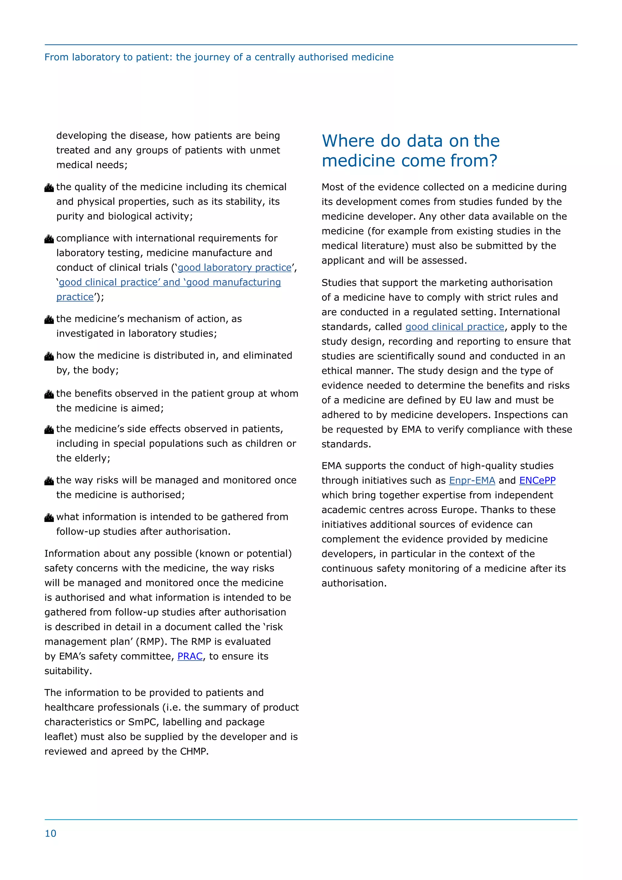 From laboratory to patient: the journey of a centrally authorised medicine
developing the disease, how patients are being
treated and any groups of patients with unmet
medical needs;
10
 the quality of the medicine including its chemical
and physical properties, such as its stability, its
purity and biological activity;
 compliance with international requirements for
laboratory testing, medicine manufacture and
conduct of clinical trials (‘good laboratory practice’,
‘good clinical practice’ and ‘good manufacturing
practice’);
 the medicine’s mechanism of action, as
investigated in laboratory studies;
 how the medicine is distributed in, and eliminated
by, the body;
 the benefits observed in the patient group at whom
the medicine is aimed;
 the medicine’s side effects observed in patients,
including in special populations such as children or
the elderly;
 the way risks will be managed and monitored once
the medicine is authorised;
 what information is intended to be gathered from
follow-up studies after authorisation.
Information about any possible (known or potential)
safety concerns with the medicine, the way risks
will be managed and monitored once the medicine
is authorised and what information is intended to be
gathered from follow-up studies after authorisation
is described in detail in a document called the ‘risk
management plan’ (RMP). The RMP is evaluated
by EMA’s safety committee, PRAC, to ensure its
suitability.
The information to be provided to patients and
healthcare professionals (i.e. the summary of product
characteristics or SmPC, labelling and package
leaflet) must also be supplied by the developer and is
reviewed and apreed by the CHMP.
Where do data on the
medicine come from?
Most of the evidence collected on a medicine during
its development comes from studies funded by the
medicine developer. Any other data available on the
medicine (for example from existing studies in the
medical literature) must also be submitted by the
applicant and will be assessed.
Studies that support the marketing authorisation
of a medicine have to comply with strict rules and
are conducted in a regulated setting. International
standards, called good clinical practice, apply to the
study design, recording and reporting to ensure that
studies are scientifically sound and conducted in an
ethical manner. The study design and the type of
evidence needed to determine the benefits and risks
of a medicine are defined by EU law and must be
adhered to by medicine developers. Inspections can
be requested by EMA to verify compliance with these
standards.
EMA supports the conduct of high-quality studies
through initiatives such as Enpr-EMA and ENCePP
which bring together expertise from independent
academic centres across Europe. Thanks to these
initiatives additional sources of evidence can
complement the evidence provided by medicine
developers, in particular in the context of the
continuous safety monitoring of a medicine after its
authorisation.
 