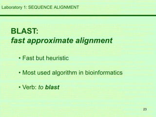 23
Laboratory 1: SEQUENCE ALIGNMENT
BLAST:
fast approximate alignment
• Fast but heuristic
• Most used algorithm in bioinformatics
• Verb: to blast
 