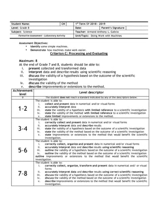 Assessment Objectives:
• Identify some simple machines.
• Demonstrate how machines make work easier.
Criterion C: Processing and Evaluating
Maximum: 8
At the end of Grade 7 and 8, students should be able to:
i. present collected and transformed data
ii. interpret data and describe results using scientific reasoning
iii. discuss the validity of a hypothesis based on the outcome of the scientific
investigation
iv. discuss the validity of the method
v. describe improvements or extensions to the method.
Student Name: CN 1st
Term SY 2018 - 2019
Level: Grade 8 Date: Parent’s Signature
Subject: Science Teacher: Armand Anthony L. Galicia
Formative Assessment – Laboratory Activity Unit/Topic: Doing Work with Machines
Achievement
level
Level descriptor
0 The student does not reach a standard indicated by any of the descriptors below.
1–2
The student is able to:
i. collect and present data in numerical and/or visual forms
ii. accurately interpret data
iii. state the validity of a hypothesis with limited reference to a scientific investigation
iv. state the validity of the method with limited reference to a scientific investigation
v. state limited improvements or extensions to the method.
3–4
The student is able to:
i. correctly collect and present data in numerical and/or visual forms
ii. accurately interpret data and describe results
iii. state the validity of a hypothesis based on the outcome of a scientific investigation
iv. state the validity of the method based on the outcome of a scientific investigation
v. state improvements or extensions to the method that would benefit the scientific
investigation.
5–6
The student is able to:
i. correctly collect, organize and present data in numerical and/or visual forms
ii. accurately interpret data and describe results using scientific reasoning
iii. outline the validity of a hypothesis based on the outcome of a scientific investigation
iv. outline the validity of the method based on the outcome of a scientific investigation
outline improvements or extensions to the method that would benefit the scientific
investigation.
7–8
The student is able to:
i. correctly collect, organize, transform and present data in numerical and/ or visual
forms
ii. accurately interpret data and describe results using correct scientific reasoning
iii. discuss the validity of a hypothesis based on the outcome of a scientific investigation
iv. discuss the validity of the method based on the outcome of a scientific investigation
v. describe improvements or extensions to the method that would benefit the scientific
investigation.
 