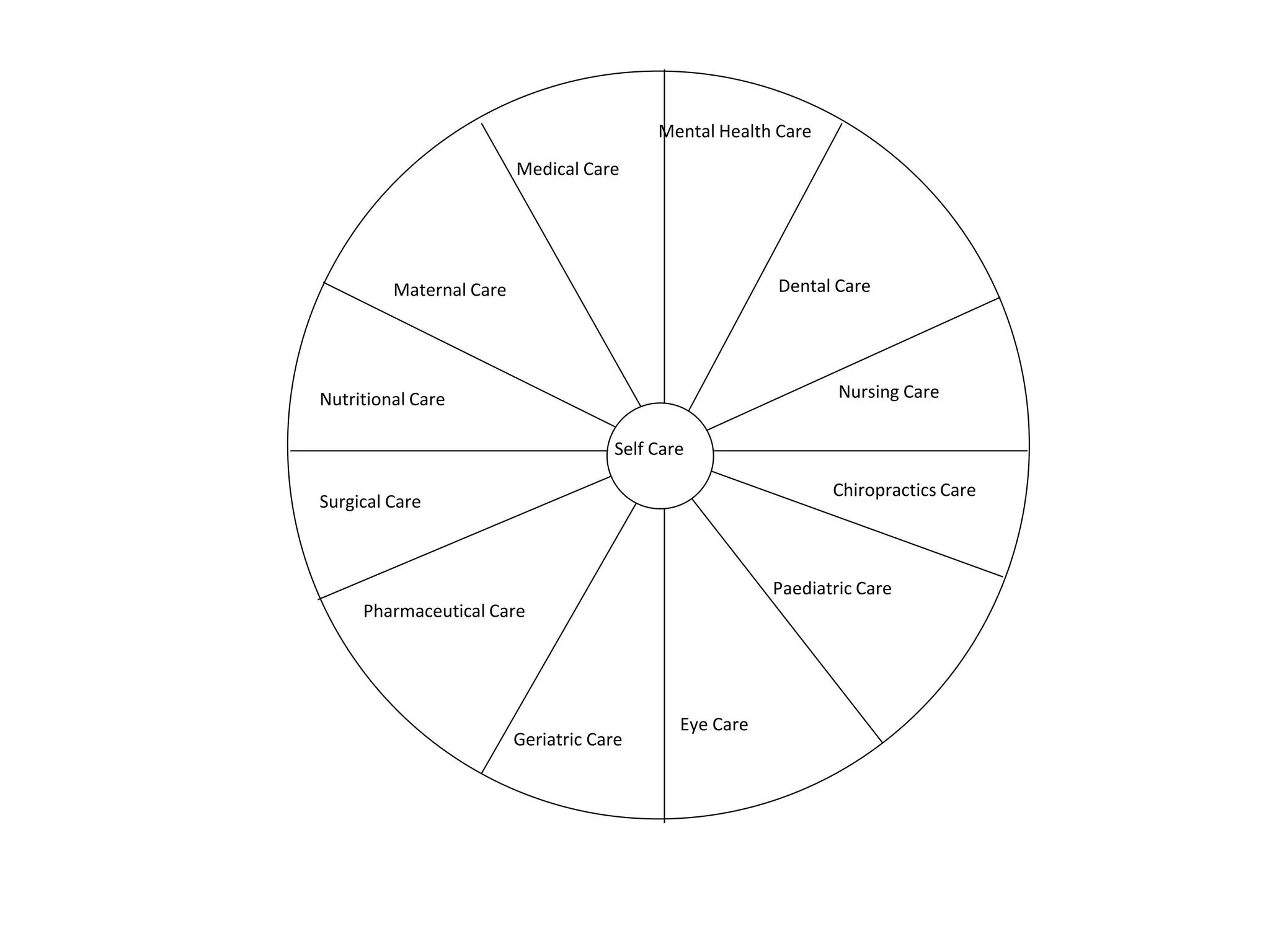 Eye Care
Paediatric Care
Chiropractics Care
Nursing Care
Dental Care
Mental Health Care
Medical Care
Maternal Care
Nutritional Care
Surgical Care
Pharmaceutical Care
Geriatric Care
Self Care
 