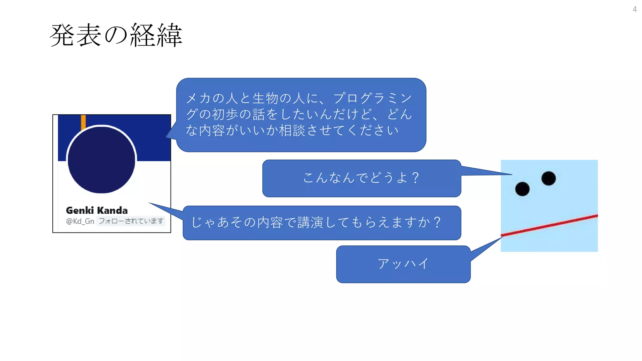 発表の経緯
4
メカの人と生物の人に、プログラミン
グの初歩の話をしたいんだけど、どん
な内容がいいか相談させてください
こんなんでどうよ？
アッハイ
じゃあその内容で講演してもらえますか？
 