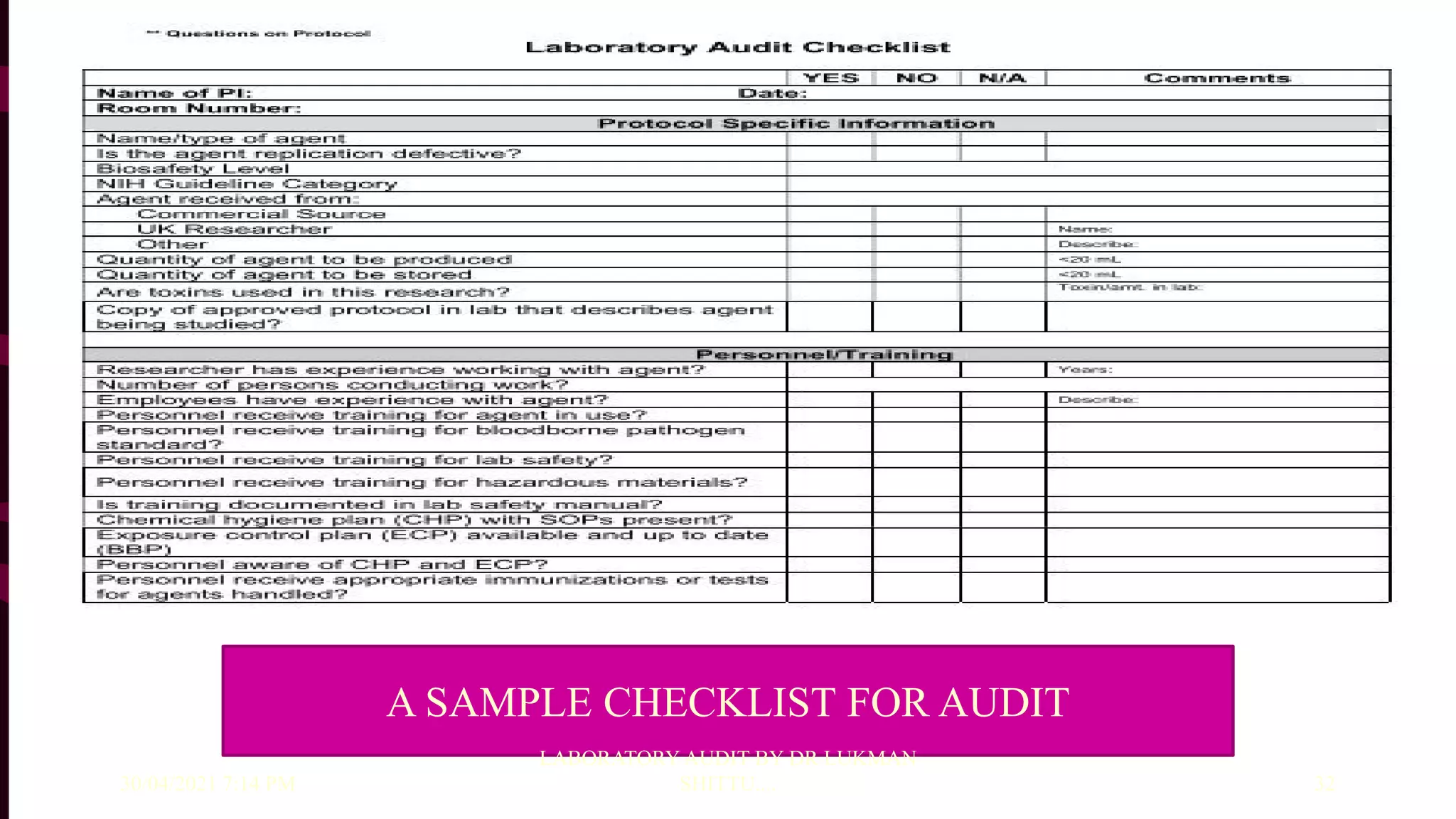 A SAMPLE CHECKLIST FOR AUDIT
30/04/2021 7:14 PM
LABORATORY AUDIT BY DR LUKMAN
SHITTU.... 32
 