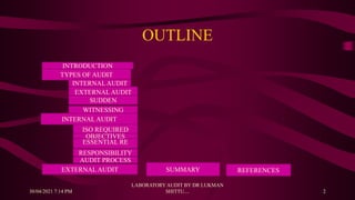 OUTLINE
INTRODUCTION
TYPES OF AUDIT
INTERNAL AUDIT
EXTERNAL AUDIT
SUDDEN
ESSENTIAL RE
RESPONSIBILITY
WITNESSING
ISO REQUIRED
INTERNAL AUDIT
OBJECTIVES
AUDIT PROCESS
EXTERNAL AUDIT SUMMARY REFERENCES
30/04/2021 7:14 PM
LABORATORY AUDIT BY DR LUKMAN
SHITTU.... 2
 