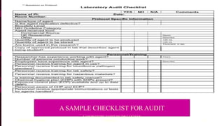 A SAMPLE CHECKLIST FOR AUDIT
30/04/2021 7:14 PM
LABORATORY AUDIT BY DR LUKMAN
SHITTU.... 32
 