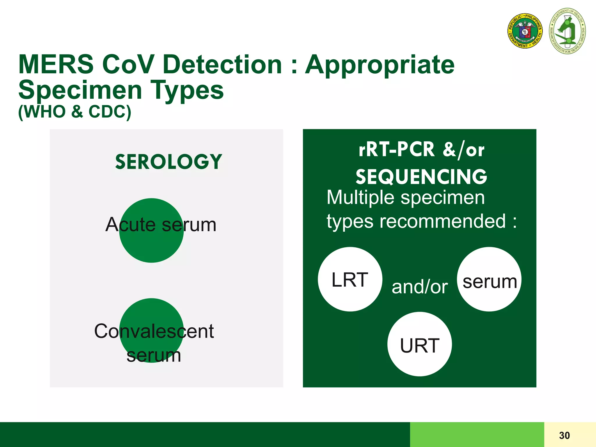 30
MERS CoV Detection : Appropriate
Specimen Types
(WHO & CDC)
SEROLOGY
Multiple specimen
types recommended :
and/or
Acute serum
Convalescent
serum
LRT
URT
serum
rRT-PCR &/or
SEQUENCING
 