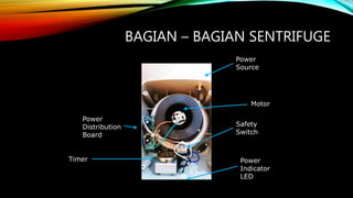 BAGIAN – BAGIAN SENTRIFUGE
Power
Source
Motor
Safety
Switch
Power
Indicator
LED
Power
Distribution
Board
Timer
 