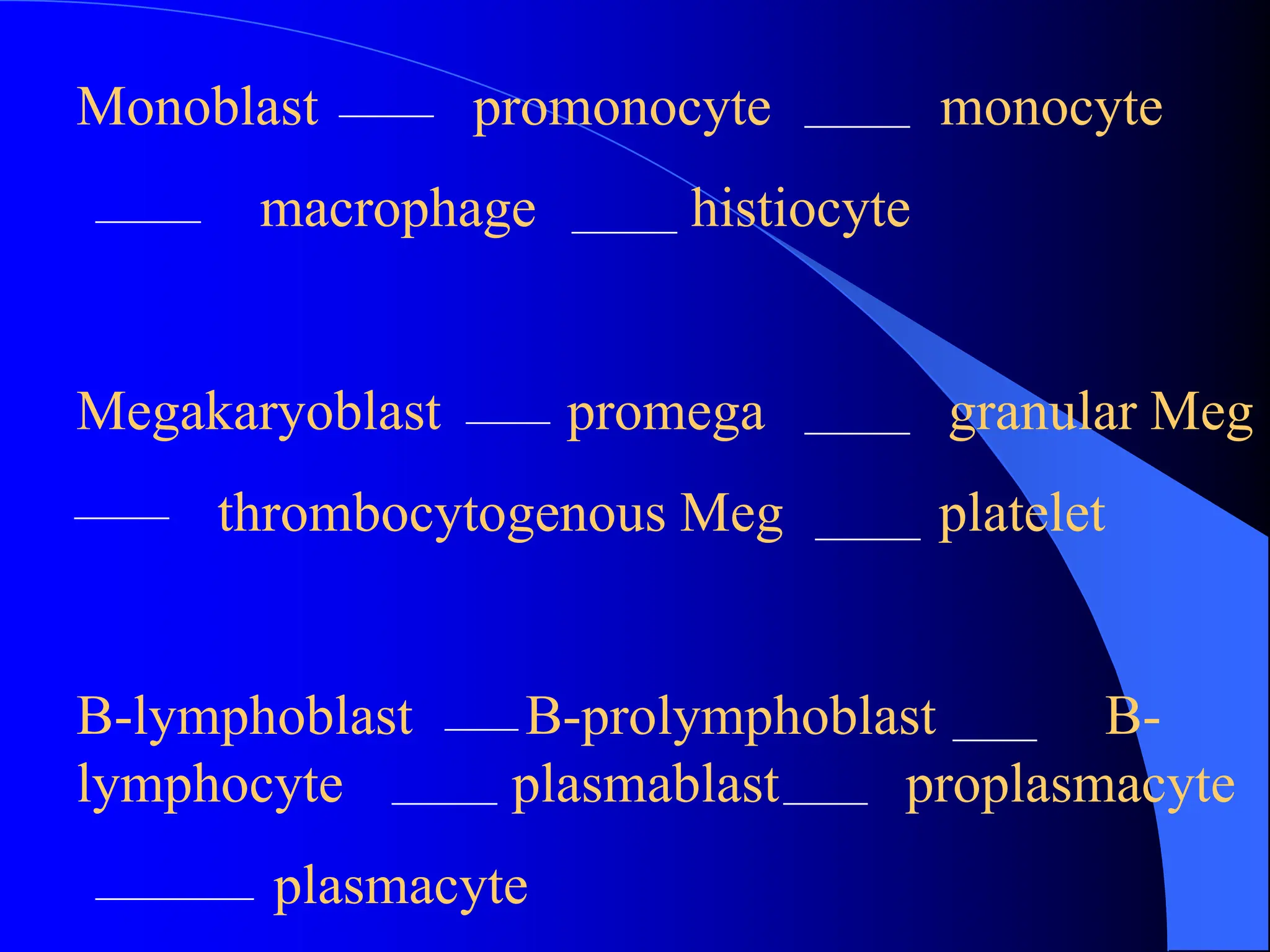 Monoblast promonocyte monocyte
macrophage histiocyte
Megakaryoblast promega granular Meg
thrombocytogenous Meg platelet
B-lymphoblast B-prolymphoblast B-
lymphocyte plasmablast proplasmacyte
plasmacyte
 
