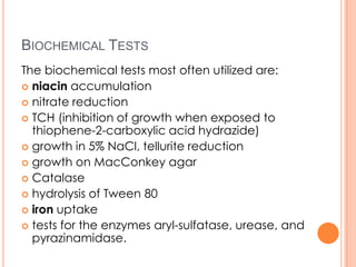 BIOCHEMICAL TESTS
The biochemical tests most often utilized are:
 niacin accumulation
 nitrate reduction
 TCH (inhibition of growth when exposed to
thiophene-2-carboxylic acid hydrazide)
 growth in 5% NaCl, tellurite reduction
 growth on MacConkey agar
 Catalase
 hydrolysis of Tween 80
 iron uptake
 tests for the enzymes aryl-sulfatase, urease, and
pyrazinamidase.
 