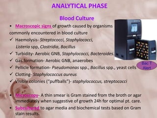 ANALYTICAL PHASE
Blood Culture
• Macroscopic signs of growth caused by organisms
commonly encountered in blood culture
 Haemolysis- Streptococci, Staphylococci,
Listeria spp, Clostridia, Bacillus
 Turbidity- Aerobic GNB, Staphylococci, Bacteroides.
 Gas formation- Aerobic GNB, anaerobes
 Pellicle formation- Pseudomonas spp., Bacillus spp., yeast cells
 Clotting- Staphylococcus aureus
 Visible colonies (“puffballs”)- staphylococcus, streptococci
• Microscopy- A thin smear is Gram stained from the broth or agar
immediately when suggestive of growth 24h for optimal pt. care.
• Subcultured to agar media and biochemical tests based on Gram
stain results.
Bac T
Alert
 