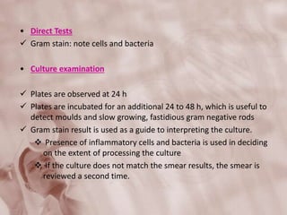 • Direct Tests
 Gram stain: note cells and bacteria
• Culture examination
 Plates are observed at 24 h
 Plates are incubated for an additional 24 to 48 h, which is useful to
detect moulds and slow growing, fastidious gram negative rods
 Gram stain result is used as a guide to interpreting the culture.
 Presence of inflammatory cells and bacteria is used in deciding
on the extent of processing the culture
 If the culture does not match the smear results, the smear is
reviewed a second time.
 