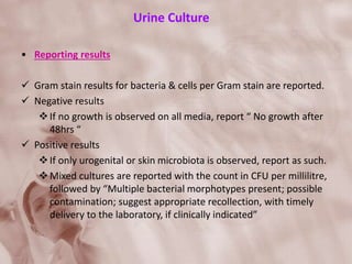 Urine Culture
• Reporting results
 Gram stain results for bacteria & cells per Gram stain are reported.
 Negative results
If no growth is observed on all media, report “ No growth after
48hrs “
 Positive results
If only urogenital or skin microbiota is observed, report as such.
Mixed cultures are reported with the count in CFU per millilitre,
followed by “Multiple bacterial morphotypes present; possible
contamination; suggest appropriate recollection, with timely
delivery to the laboratory, if clinically indicated”
 