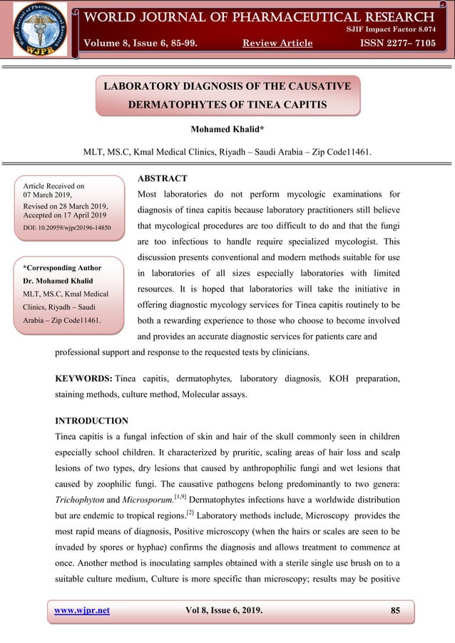 Laboratory diagnosis of the causative dermatophytes of tinea capitis | PDF