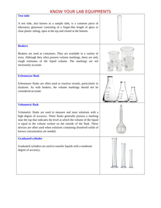 KNOW YOUR LAB EQUIPMENTS
Test tube
A test tube, also known as a sample tube, is a common piece of
laboratory glassware consisting of a finger-like length of glass or
clear plastic tubing, open at the top and closed at the bottom.
Beakers
Beakers are used as containers. They are available in a variety of
sizes. Although they often possess volume markings, these are only
rough estimates of the liquid volume. The markings are not
necessarily accurate.
Erlenmeyer flask
Erlenmeyer flasks are often used as reaction vessels, particularly in
titrations. As with beakers, the volume markings should not be
considered accurate.
Volumetric flask
Volumetric flasks are used to measure and store solutions with a
high degree of accuracy. These flasks generally possess a marking
near the top that indicates the level at which the volume of the liquid
is equal to the volume written on the outside of the flask. These
devices are often used when solutions containing dissolved solids of
known concentration are needed.
Graduated cylinder
Graduated cylinders are used to transfer liquids with a moderate
degree of accuracy.
 