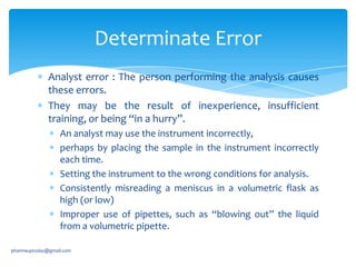 Determinate Error
Analyst error : The person performing the analysis causes
these errors.
They may be the result of inexperience, insufficient
training, or being “in a hurry”.
An analyst may use the instrument incorrectly,
perhaps by placing the sample in the instrument incorrectly
each time.
Setting the instrument to the wrong conditions for analysis.
Consistently misreading a meniscus in a volumetric flask as
high (or low)
Improper use of pipettes, such as “blowing out” the liquid
from a volumetric pipette.
pharmauptoday@gmail.com

 