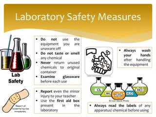 Laboratory Safety Measures
 Do not use the
equipment you are
unaware off
 Do not taste or smell
any chemical
 Never return unused
chemicals to original
container
 Examine glassware
before each use
 Report even the minor
injury to your teacher
 Use the first aid box
present in the
laboratory
 Always wash
your hands
after handling
the equipment
 Always read the labels of any
apparatus/ chemical before using
 