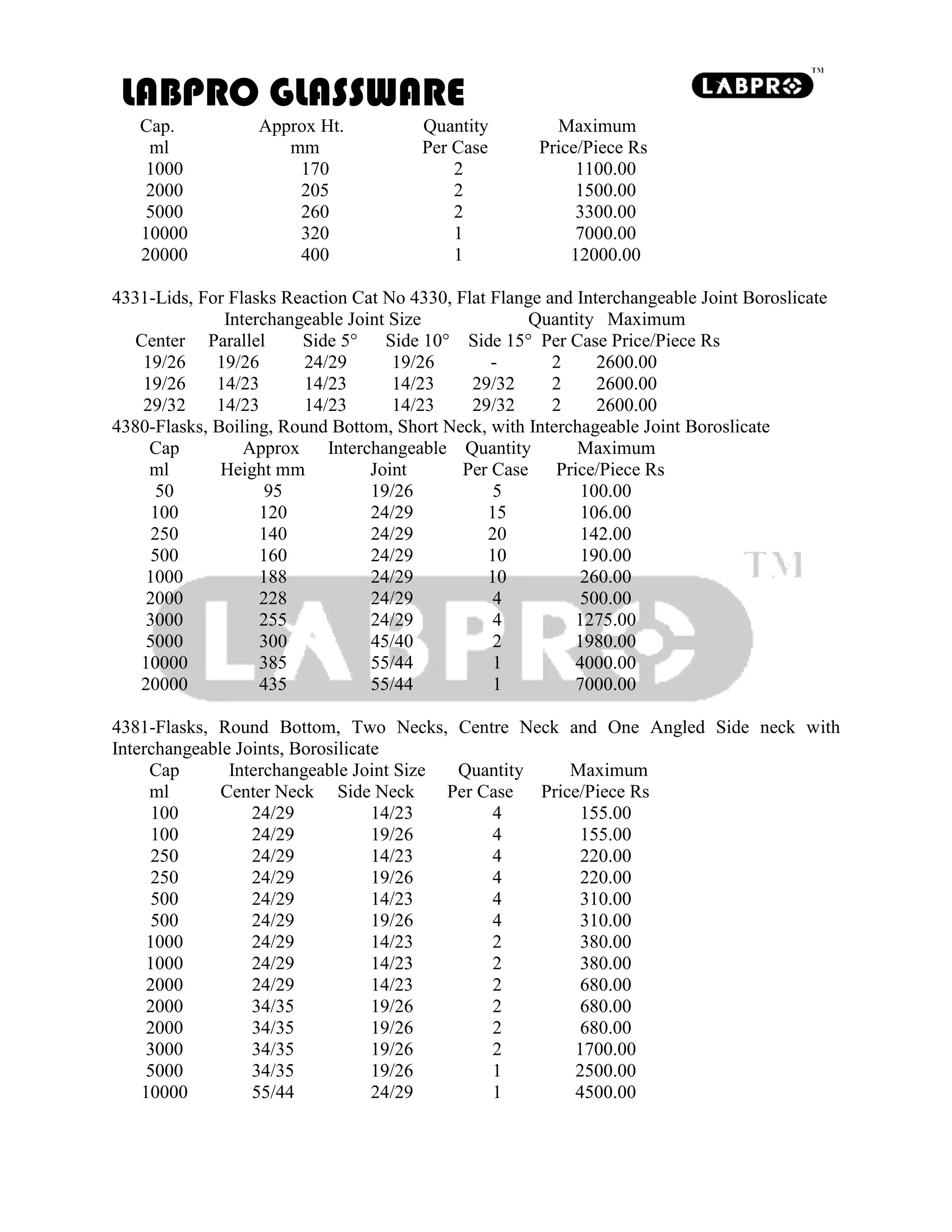 LABPRO GLASSWARE
Cap. Approx Ht. Quantity Maximum
ml mm Per Case Price/Piece Rs
1000 170 2 1100.00
2000 205 2 1500.00
5000 260 2 3300.00
10000 320 1 7000.00
20000 400 1 12000.00
4331-Lids, For Flasks Reaction Cat No 4330, Flat Flange and Interchangeable Joint Boroslicate
Interchangeable Joint Size Quantity Maximum
Center Parallel Side 5° Side 10° Side 15° Per Case Price/Piece Rs
19/26 19/26 24/29 19/26 - 2 2600.00
19/26 14/23 14/23 14/23 29/32 2 2600.00
29/32 14/23 14/23 14/23 29/32 2 2600.00
4380-Flasks, Boiling, Round Bottom, Short Neck, with Interchageable Joint Boroslicate
Cap Approx Interchangeable Quantity Maximum
ml Height mm Joint Per Case Price/Piece Rs
50 95 19/26 5 100.00
100 120 24/29 15 106.00
250 140 24/29 20 142.00
500 160 24/29 10 190.00
1000 188 24/29 10 260.00
2000 228 24/29 4 500.00
3000 255 24/29 4 1275.00
5000 300 45/40 2 1980.00
10000 385 55/44 1 4000.00
20000 435 55/44 1 7000.00
4381-Flasks, Round Bottom, Two Necks, Centre Neck and One Angled Side neck with
Interchangeable Joints, Borosilicate
Cap Interchangeable Joint Size Quantity Maximum
ml Center Neck Side Neck Per Case Price/Piece Rs
100 24/29 14/23 4 155.00
100 24/29 19/26 4 155.00
250 24/29 14/23 4 220.00
250 24/29 19/26 4 220.00
500 24/29 14/23 4 310.00
500 24/29 19/26 4 310.00
1000 24/29 14/23 2 380.00
1000 24/29 14/23 2 380.00
2000 24/29 14/23 2 680.00
2000 34/35 19/26 2 680.00
2000 34/35 19/26 2 680.00
3000 34/35 19/26 2 1700.00
5000 34/35 19/26 1 2500.00
10000 55/44 24/29 1 4500.00
 