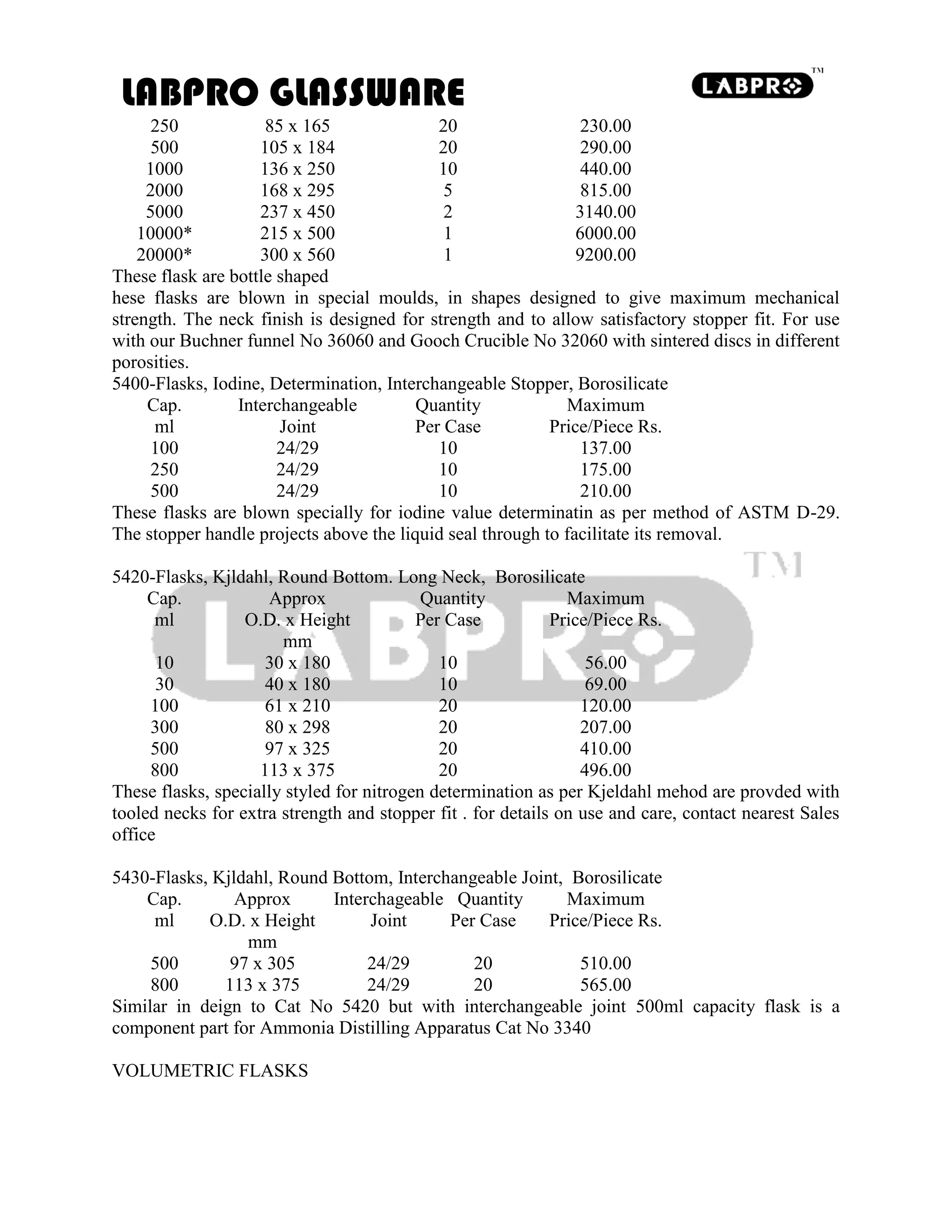 LABPRO GLASSWARE
250 85 x 165 20 230.00
500 105 x 184 20 290.00
1000 136 x 250 10 440.00
2000 168 x 295 5 815.00
5000 237 x 450 2 3140.00
10000* 215 x 500 1 6000.00
20000* 300 x 560 1 9200.00
These flask are bottle shaped
hese flasks are blown in special moulds, in shapes designed to give maximum mechanical
strength. The neck finish is designed for strength and to allow satisfactory stopper fit. For use
with our Buchner funnel No 36060 and Gooch Crucible No 32060 with sintered discs in different
porosities.
5400-Flasks, Iodine, Determination, Interchangeable Stopper, Borosilicate
Cap. Interchangeable Quantity Maximum
ml Joint Per Case Price/Piece Rs.
100 24/29 10 137.00
250 24/29 10 175.00
500 24/29 10 210.00
These flasks are blown specially for iodine value determinatin as per method of ASTM D-29.
The stopper handle projects above the liquid seal through to facilitate its removal.
5420-Flasks, Kjldahl, Round Bottom. Long Neck, Borosilicate
Cap. Approx Quantity Maximum
ml O.D. x Height Per Case Price/Piece Rs.
mm
10 30 x 180 10 56.00
30 40 x 180 10 69.00
100 61 x 210 20 120.00
300 80 x 298 20 207.00
500 97 x 325 20 410.00
800 113 x 375 20 496.00
These flasks, specially styled for nitrogen determination as per Kjeldahl mehod are provded with
tooled necks for extra strength and stopper fit . for details on use and care, contact nearest Sales
office
5430-Flasks, Kjldahl, Round Bottom, Interchangeable Joint, Borosilicate
Cap. Approx Interchageable Quantity Maximum
ml O.D. x Height Joint Per Case Price/Piece Rs.
mm
500 97 x 305 24/29 20 510.00
800 113 x 375 24/29 20 565.00
Similar in deign to Cat No 5420 but with interchangeable joint 500ml capacity flask is a
component part for Ammonia Distilling Apparatus Cat No 3340
VOLUMETRIC FLASKS
 