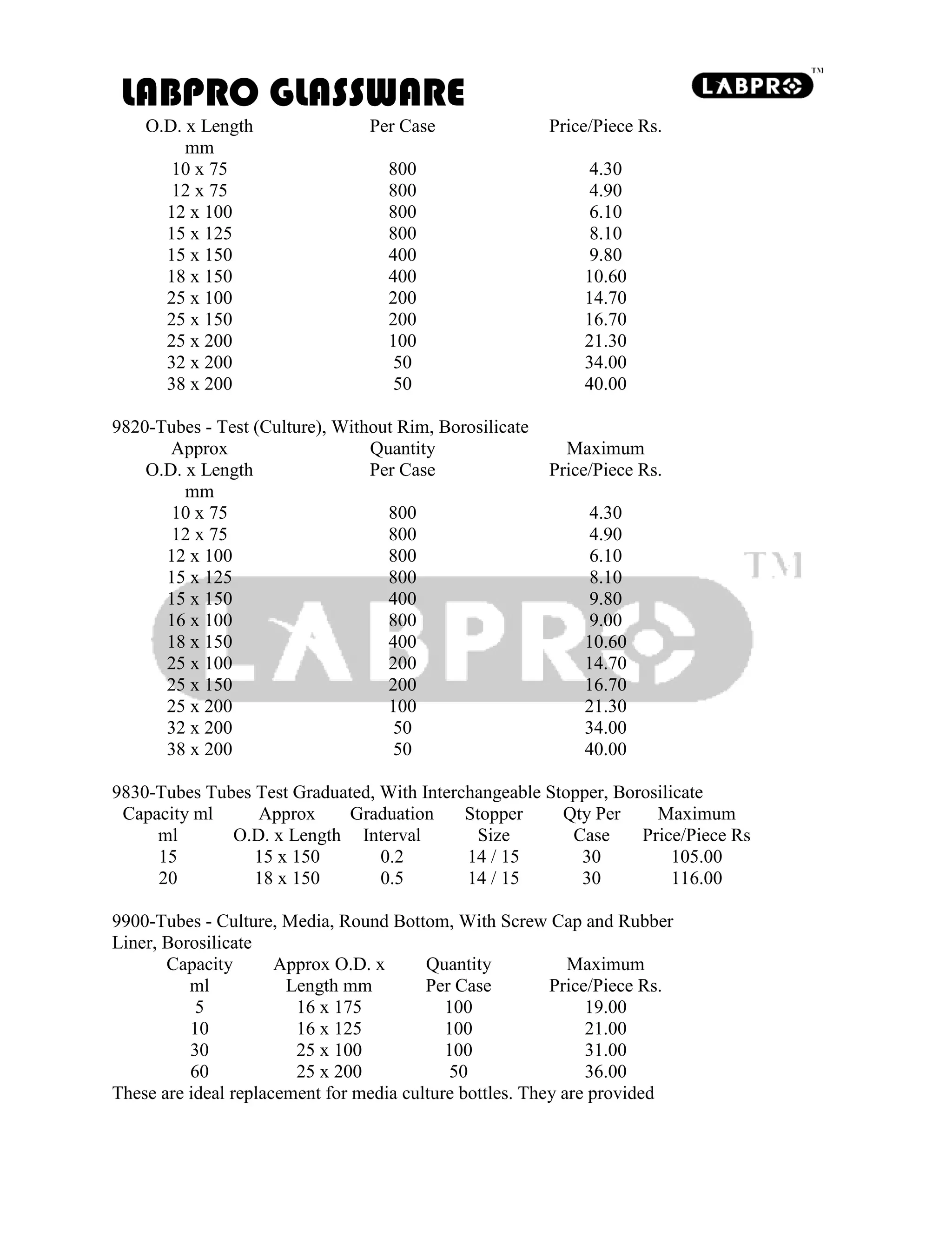 LABPRO GLASSWARE
O.D. x Length Per Case Price/Piece Rs.
mm
10 x 75 800 4.30
12 x 75 800 4.90
12 x 100 800 6.10
15 x 125 800 8.10
15 x 150 400 9.80
18 x 150 400 10.60
25 x 100 200 14.70
25 x 150 200 16.70
25 x 200 100 21.30
32 x 200 50 34.00
38 x 200 50 40.00
9820-Tubes - Test (Culture), Without Rim, Borosilicate
Approx Quantity Maximum
O.D. x Length Per Case Price/Piece Rs.
mm
10 x 75 800 4.30
12 x 75 800 4.90
12 x 100 800 6.10
15 x 125 800 8.10
15 x 150 400 9.80
16 x 100 800 9.00
18 x 150 400 10.60
25 x 100 200 14.70
25 x 150 200 16.70
25 x 200 100 21.30
32 x 200 50 34.00
38 x 200 50 40.00
9830-Tubes Tubes Test Graduated, With Interchangeable Stopper, Borosilicate
Capacity ml Approx Graduation Stopper Qty Per Maximum
ml O.D. x Length Interval Size Case Price/Piece Rs
15 15 x 150 0.2 14 / 15 30 105.00
20 18 x 150 0.5 14 / 15 30 116.00
9900-Tubes - Culture, Media, Round Bottom, With Screw Cap and Rubber
Liner, Borosilicate
Capacity Approx O.D. x Quantity Maximum
ml Length mm Per Case Price/Piece Rs.
5 16 x 175 100 19.00
10 16 x 125 100 21.00
30 25 x 100 100 31.00
60 25 x 200 50 36.00
These are ideal replacement for media culture bottles. They are provided
 