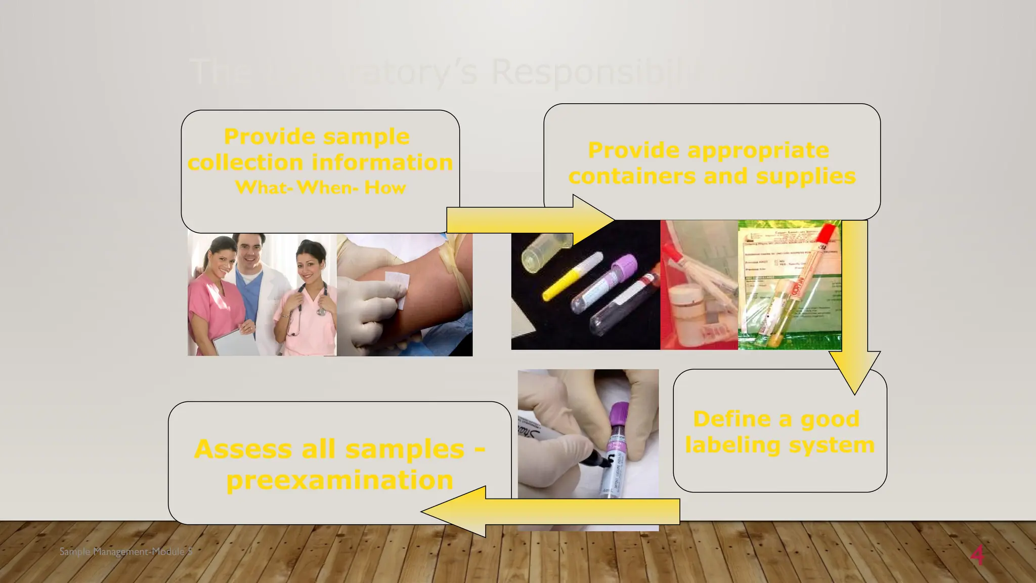 Sample Management-Module 5
4
Define a good
labeling system
Assess all samples -
preexamination
Provide sample
collection information
What-When- How
The Laboratory’s Responsibilities
Provide appropriate
containers and supplies