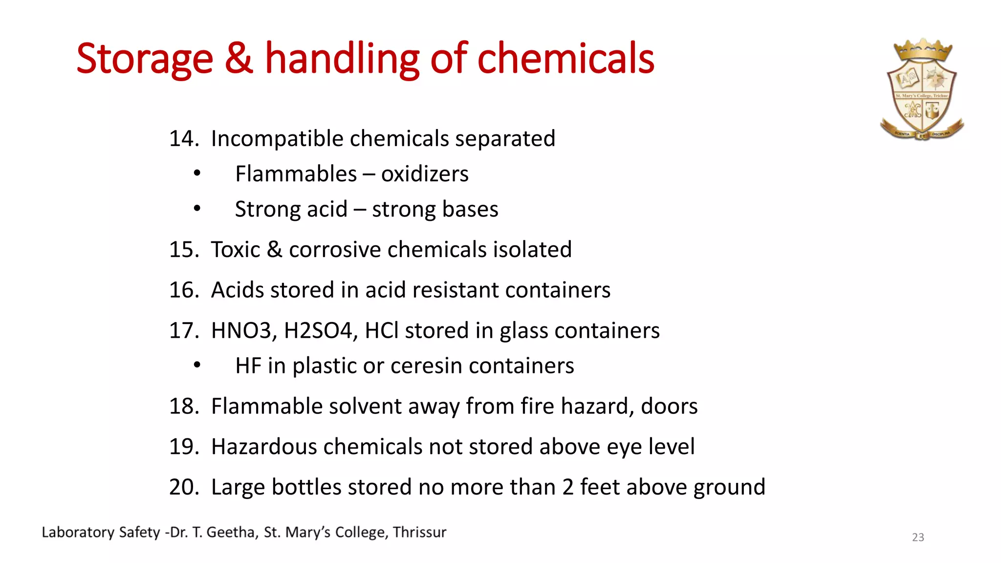 Storage & handling of chemicals
14. Incompatible chemicals separated
• Flammables – oxidizers
• Strong acid – strong bases
15. Toxic & corrosive chemicals isolated
16. Acids stored in acid resistant containers
17. HNO3, H2SO4, HCl stored in glass containers
• HF in plastic or ceresin containers
18. Flammable solvent away from fire hazard, doors
19. Hazardous chemicals not stored above eye level
20. Large bottles stored no more than 2 feet above ground
23
 