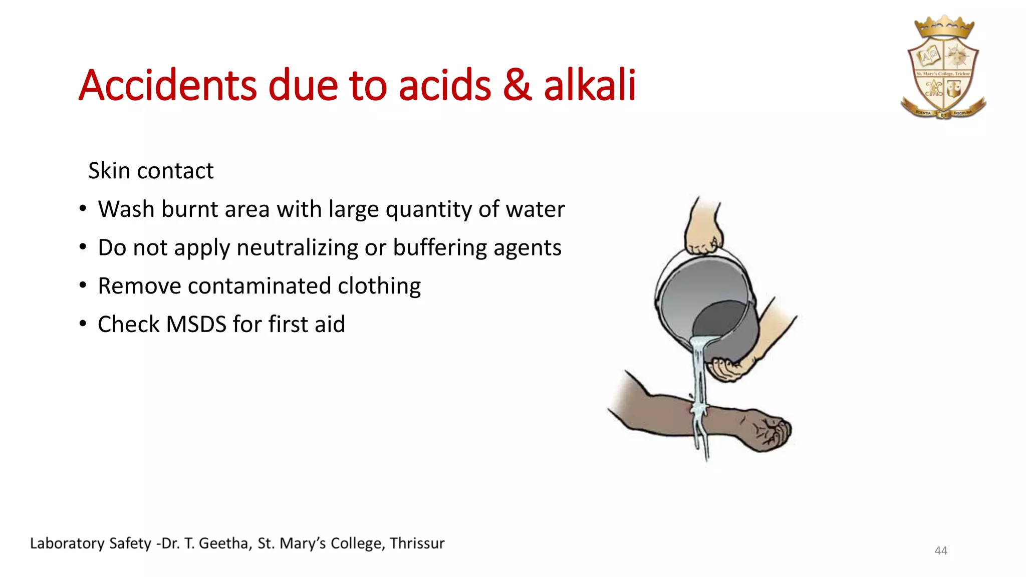 Accidents due to acids & alkali
Skin contact
• Wash burnt area with large quantity of water
• Do not apply neutralizing or buffering agents
• Remove contaminated clothing
• Check MSDS for first aid
44
 