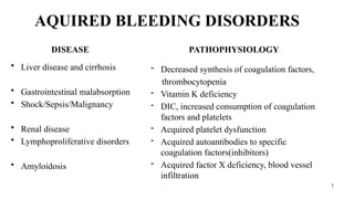 7
AQUIRED BLEEDING DISORDERS
DISEASE
• Liver disease and cirrhosis
• Gastrointestinal malabsorption
• Shock/Sepsis/Malignancy
• Renal disease
• Lymphoproliferative disorders
• Amyloidosis
PATHOPHYSIOLOGY
- Decreased synthesis of coagulation factors,
thrombocytopenia
- Vitamin K deficiency
- DIC, increased consumption of coagulation
factors and platelets
- Acquired platelet dysfunction
- Acquired autoantibodies to specific
coagulation factors(inhibitors)
- Acquired factor X deficiency, blood vessel
infiltration
 
