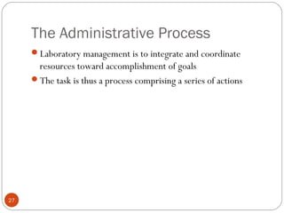 The Administrative Process
27
Laboratory management is to integrate and coordinate
resources toward accomplishment of goals
The task is thus a process comprising a series of actions
 