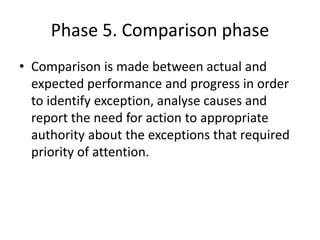 Phase 5. Comparison phase
• Comparison is made between actual and
expected performance and progress in order
to identify exception, analyse causes and
report the need for action to appropriate
authority about the exceptions that required
priority of attention.
 