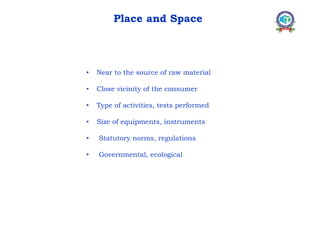 • Near to the source of raw material
• Close vicinity of the consumer
• Type of activities, tests performed
• Size of equipments, instruments
• Statutory norms, regulations
• Governmental, ecological
Place and Space
 
