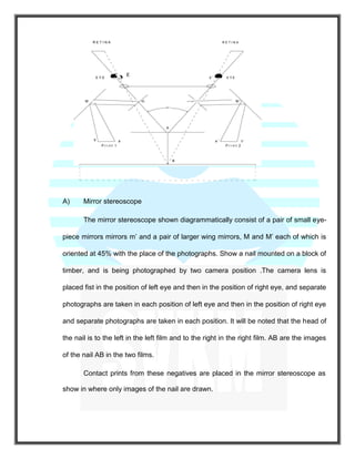 R E T I N A R E T I N A
E Y E
E E ' E Y E
M m M '
A
b a a ' b '
P r i n t 1 P r i n t 2
B
A) Mirror stereoscope
The mirror stereoscope shown diagrammatically consist of a pair of small eye-
piece mirrors mirrors m’ and a pair of larger wing mirrors, M and M’ each of which is
oriented at 45% with the place of the photographs. Show a nail mounted on a block of
timber, and is being photographed by two camera position .The camera lens is
placed fist in the position of left eye and then in the position of right eye, and separate
photographs are taken in each position of left eye and then in the position of right eye
and separate photographs are taken in each position. It will be noted that the head of
the nail is to the left in the left film and to the right in the right film. AB are the images
of the nail AB in the two films.
Contact prints from these negatives are placed in the mirror stereoscope as
show in where only images of the nail are drawn.
 