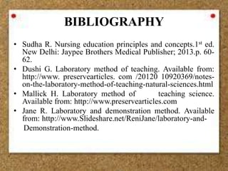 BIBLIOGRAPHY
• Sudha R. Nursing education principles and concepts.1st ed.
New Delhi: Jaypee Brothers Medical Publisher; 2013.p. 60-
62.
• Dushi G. Laboratory method of teaching. Available from:
http://www. preservearticles. com /20120 10920369/notes-
on-the-laboratory-method-of-teaching-natural-sciences.html
• Mallick H. Laboratory method of teaching science.
Available from: http://www.preservearticles.com
• Jane R. Laboratory and demonstration method. Available
from: http://www.Slideshare.net/ReniJane/laboratory-and-
Demonstration-method.
 