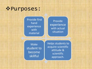 Purposes:
Provide first
hand
experience
with
material
Provide
experience
with actual
situation
Make
student to
become
skillful
Helps students to
acquire scientific
attitude &
scientific
approach.
 