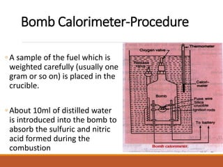 Bomb Calorimeter-Procedure
◦ A sample of the fuel which is
weighted carefully (usually one
gram or so on) is placed in the
crucible.
◦ About 10ml of distilled water
is introduced into the bomb to
absorb the sulfuric and nitric
acid formed during the
combustion
 