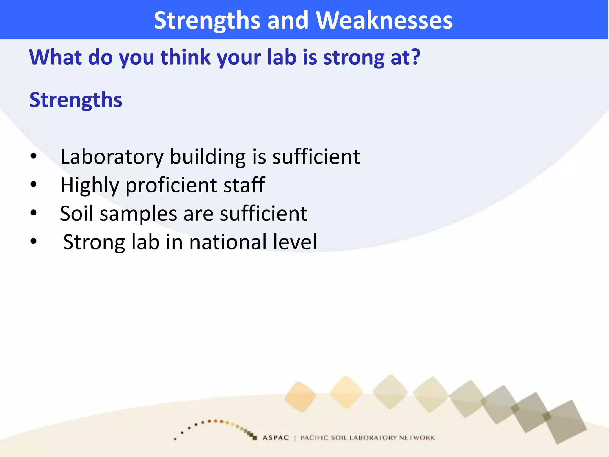 What do you think your lab is strong at?
Strengths and Weaknesses
Strengths
• Laboratory building is sufficient
• Highly proficient staff
• Soil samples are sufficient
• Strong lab in national level
 
