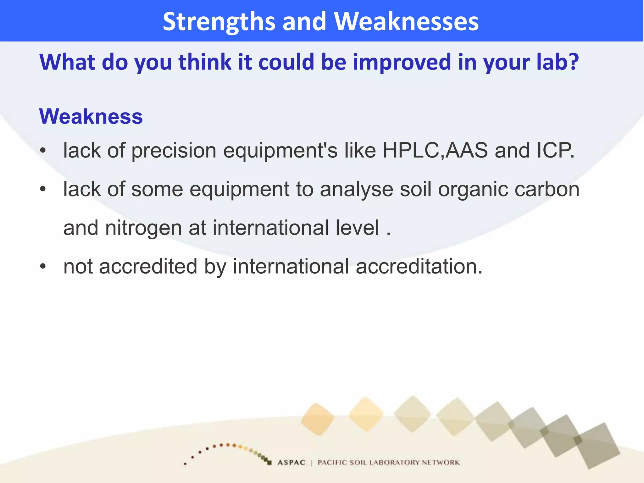 What do you think it could be improved in your lab?
Strengths and Weaknesses
Weakness
• lack of precision equipment's like HPLC,AAS and ICP.
• lack of some equipment to analyse soil organic carbon
and nitrogen at international level .
• not accredited by international accreditation.
 