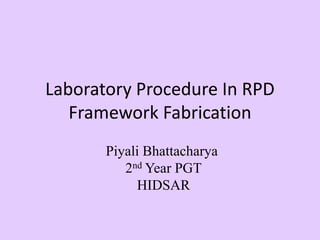 Laboratory Procedure In RPD
Framework Fabrication
Piyali Bhattacharya
2nd Year PGT
HIDSAR
 