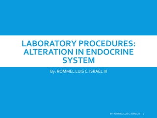 LABORATORY PROCEDURES:
ALTERATION IN ENDOCRINE
SYSTEM
By: ROMMEL LUIS C. ISRAEL III
BY: ROMMEL LUIS C. ISRAEL III 1
 