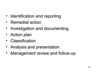 • Identification and reporting
• Remedial action
• Investigation and documenting
• Action plan
• Classification
• Analysis and presentation
• Management review and follow-up
70
 