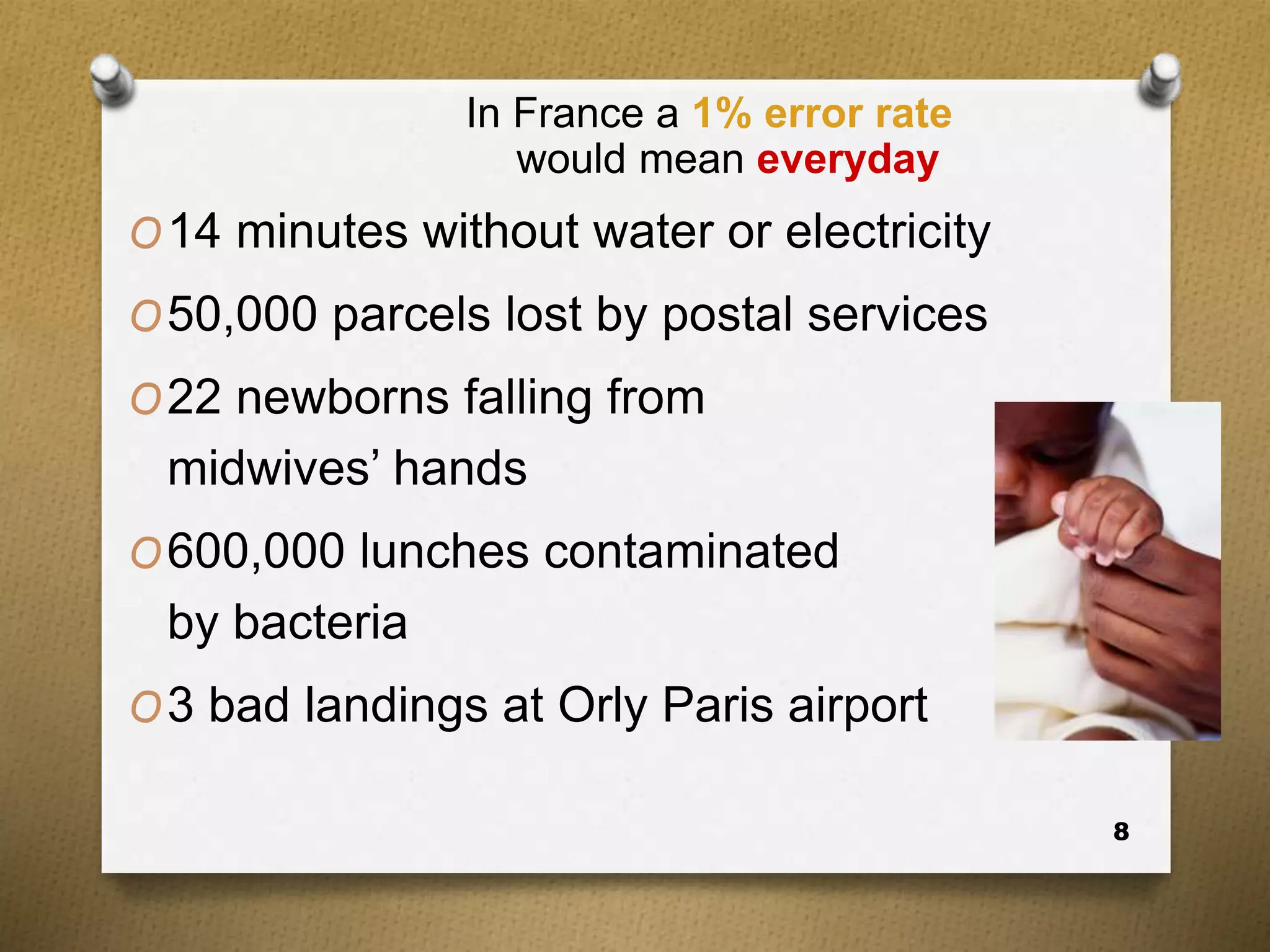 In France a 1% error rate
would mean everyday
O14 minutes without water or electricity
O50,000 parcels lost by postal services
O22 newborns falling from
midwives’ hands
O600,000 lunches contaminated
by bacteria
O3 bad landings at Orly Paris airport
8
 