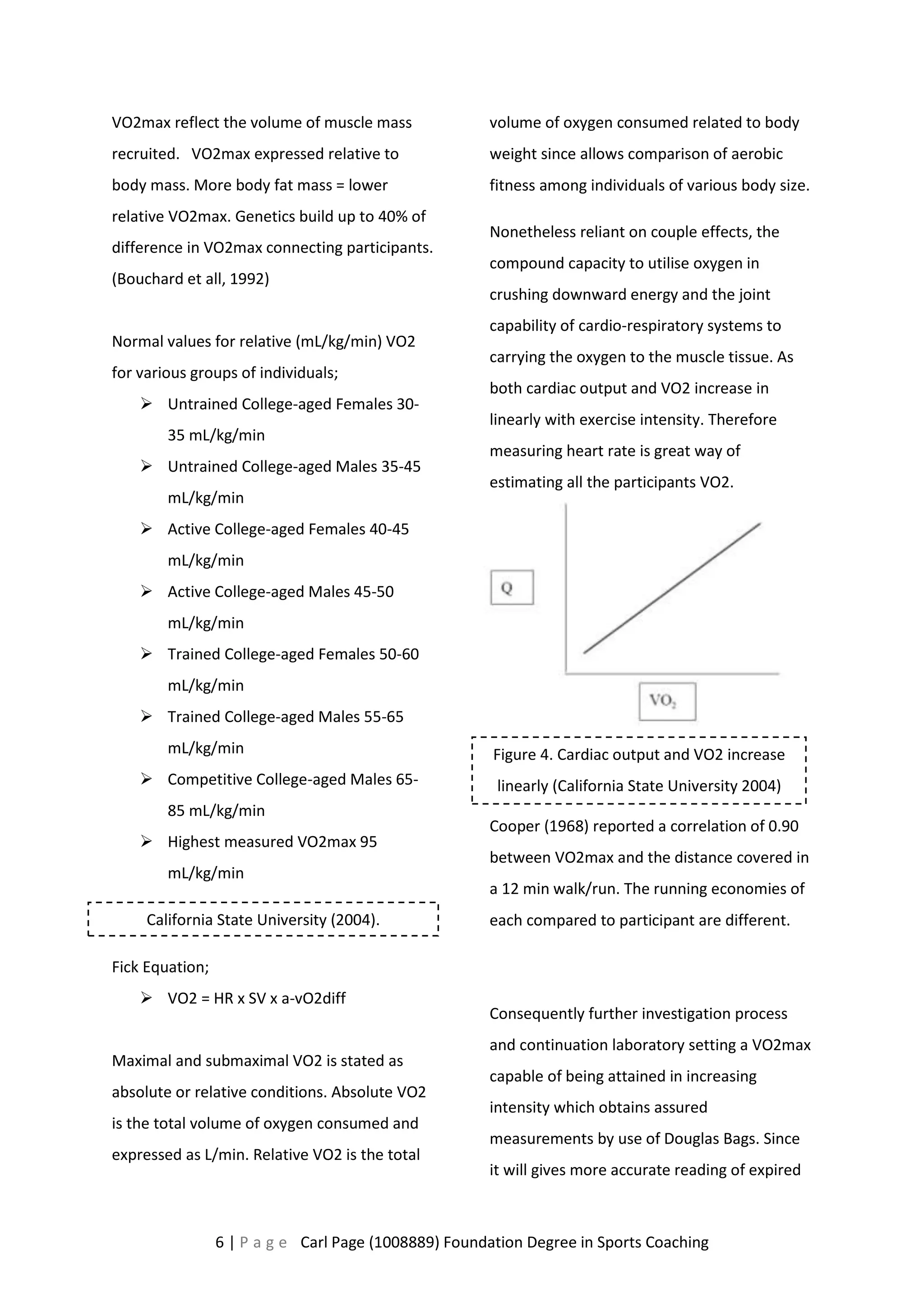 VO2max reflect the volume of muscle mass 
recruited. VO2max expressed relative to 
body mass. More body fat mass = lower 
relative VO2max. Genetics build up to 40% of 
difference in VO2max connecting participants. 
(Bouchard et all, 1992) 
Normal values for relative (mL/kg/min) VO2 
for various groups of individuals; 
 Untrained College-aged Females 30- 
35 mL/kg/min 
 Untrained College-aged Males 35-45 
mL/kg/min 
 Active College-aged Females 40-45 
mL/kg/min 
 Active College-aged Males 45-50 
mL/kg/min 
 Trained College-aged Females 50-60 
mL/kg/min 
 Trained College-aged Males 55-65 
mL/kg/min 
 Competitive College-aged Males 65- 
85 mL/kg/min 
 Highest measured VO2max 95 
mL/kg/min 
Figure 4. Cardiac output and VO2 increase 
linearly (California State University 2004) 
6 | P a g e Carl Page (1008889) Foundation Degree in Sports Coaching 
Fick Equation; 
 VO2 = HR x SV x a-vO2diff 
Maximal and submaximal VO2 is stated as 
absolute or relative conditions. Absolute VO2 
is the total volume of oxygen consumed and 
expressed as L/min. Relative VO2 is the total 
volume of oxygen consumed related to body 
weight since allows comparison of aerobic 
fitness among individuals of various body size. 
Nonetheless reliant on couple effects, the 
compound capacity to utilise oxygen in 
crushing downward energy and the joint 
capability of cardio-respiratory systems to 
carrying the oxygen to the muscle tissue. As 
both cardiac output and VO2 increase in 
linearly with exercise intensity. Therefore 
measuring heart rate is great way of 
estimating all the participants VO2. 
Cooper (1968) reported a correlation of 0.90 
between VO2max and the distance covered in 
a 12 min walk/run. The running economies of 
each compared to participant are different. 
Consequently further investigation process 
and continuation laboratory setting a VO2max 
capable of being attained in increasing 
intensity which obtains assured 
measurements by use of Douglas Bags. Since 
it will gives more accurate reading of expired 
California State University (2004). 
 