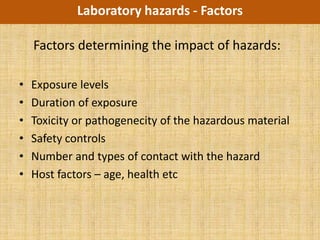 Laboratory hazards - Factors

    Factors determining the impact of hazards:

•   Exposure levels
•   Duration of exposure
•   Toxicity or pathogenecity of the hazardous material
•   Safety controls
•   Number and types of contact with the hazard
•   Host factors – age, health etc
 